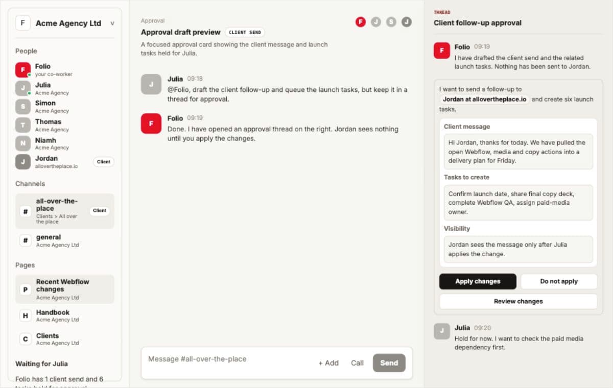 Folio approval card showing a drafted follow-up to Jordan at allovertheplace.io, held for Julia to approve before client send and task creation.