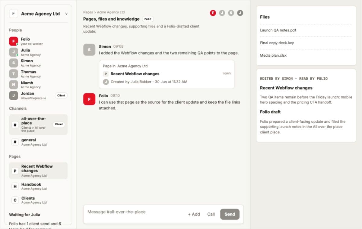 Folio pages and files view showing Recent Webflow changes and supporting launch files for the client.