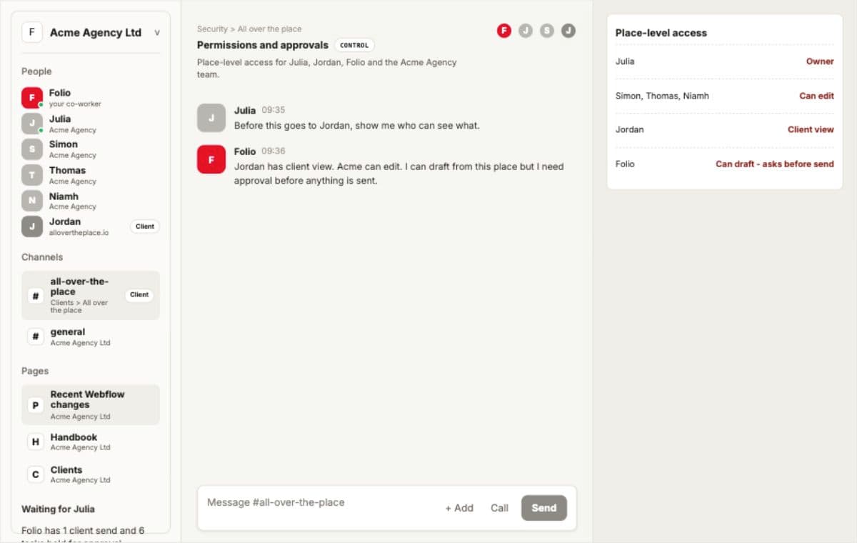 Folio permissions view showing Julia as owner, Acme colleagues as editors, Jordan as client view and Folio approval controls.
