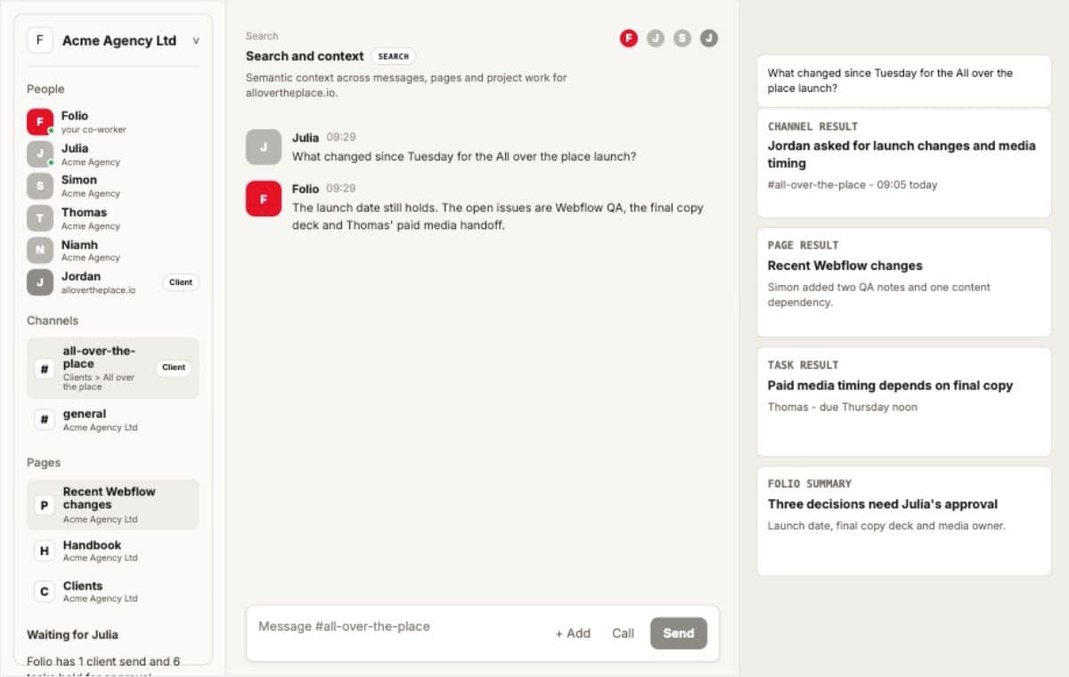 Folio search results showing recent channel, page and task context for allovertheplace.io.
